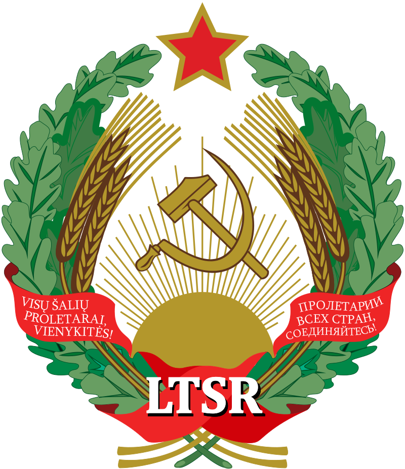 [Nuotrauka] [LTSR / LSSR](https://lt.wikipedia.org/wiki/Lietuvos_TSR_istorija#1941_m._bir%C5%BEelio_tr%C4%97mimai) emblema (1978 - 1990 metais). Visose valdiškose institucijose, pavyzdžiui, klasėse galėjai rasti šią atributiką.
